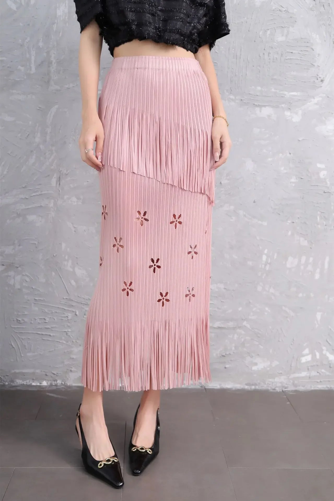 Pleats Half-Body Simple Solid Causal Series Elegant And Vintage Midi skirts Mssza