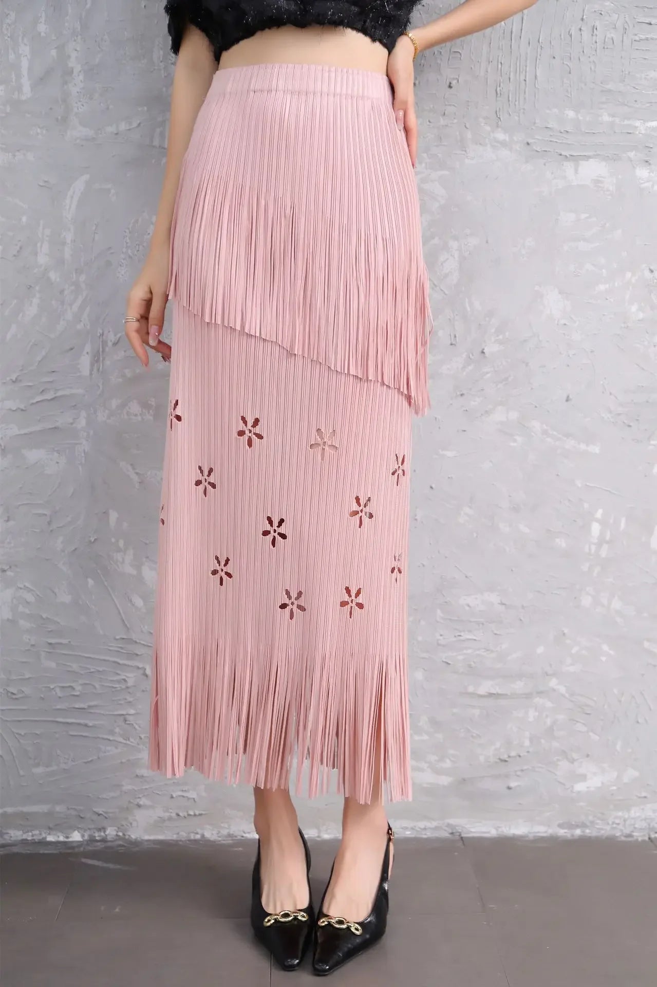 Pleats Half-Body Simple Solid Causal Series Elegant And Vintage Midi skirts Mssza