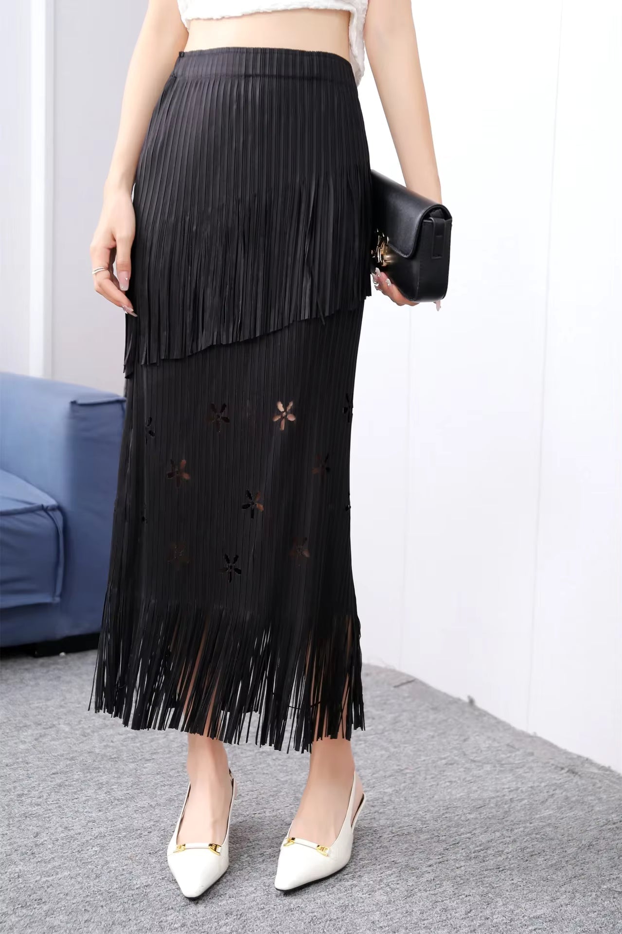 Pleats Half-Body Simple Solid Causal Series Elegant And Vintage Midi skirts Mssza