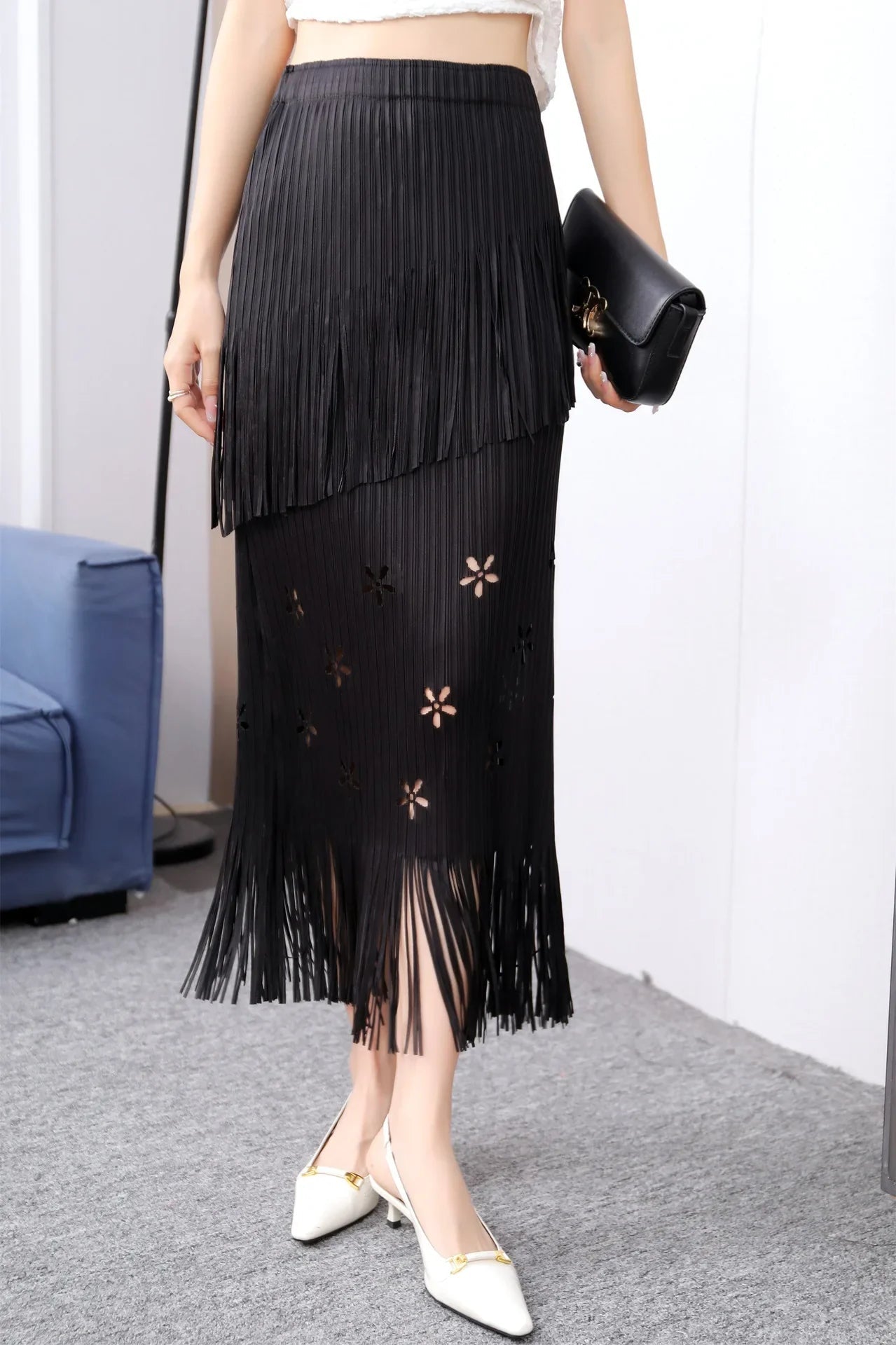 Pleats Half-Body Simple Solid Causal Series Elegant And Vintage Midi skirts Mssza