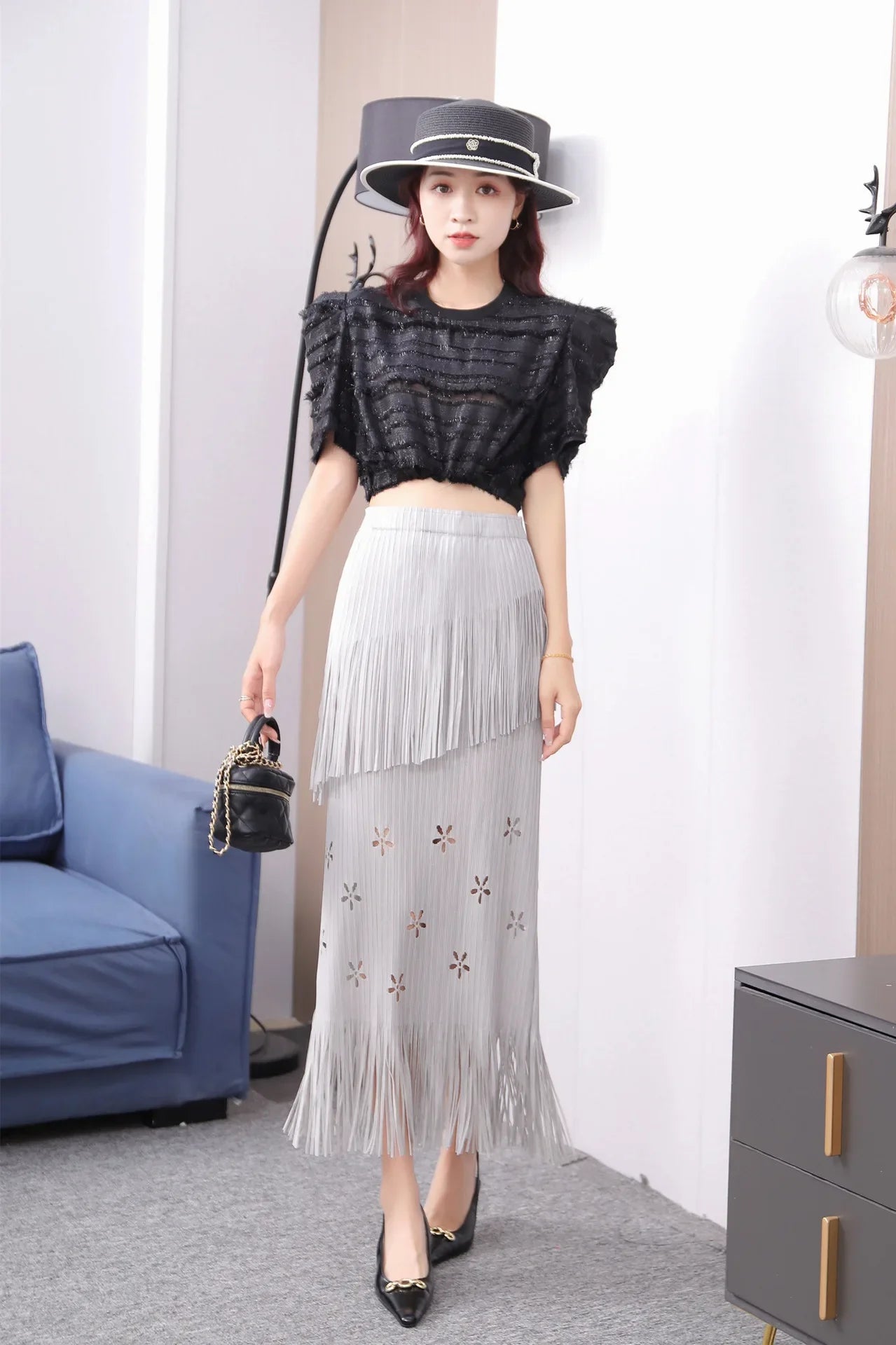 Pleats Half-Body Simple Solid Causal Series Elegant And Vintage Midi skirts Mssza