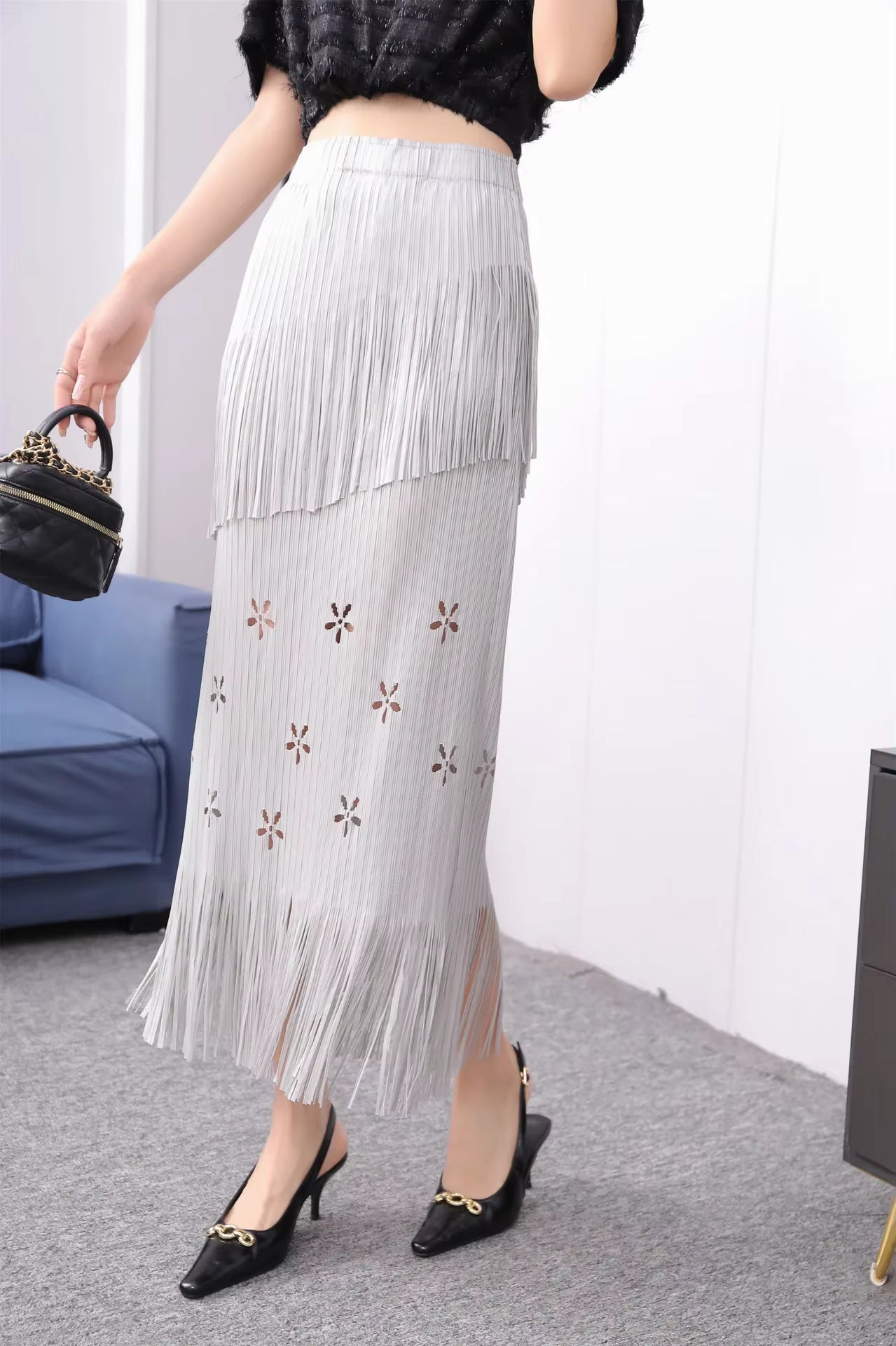 Pleats Half-Body Simple Solid Causal Series Elegant And Vintage Midi skirts Mssza