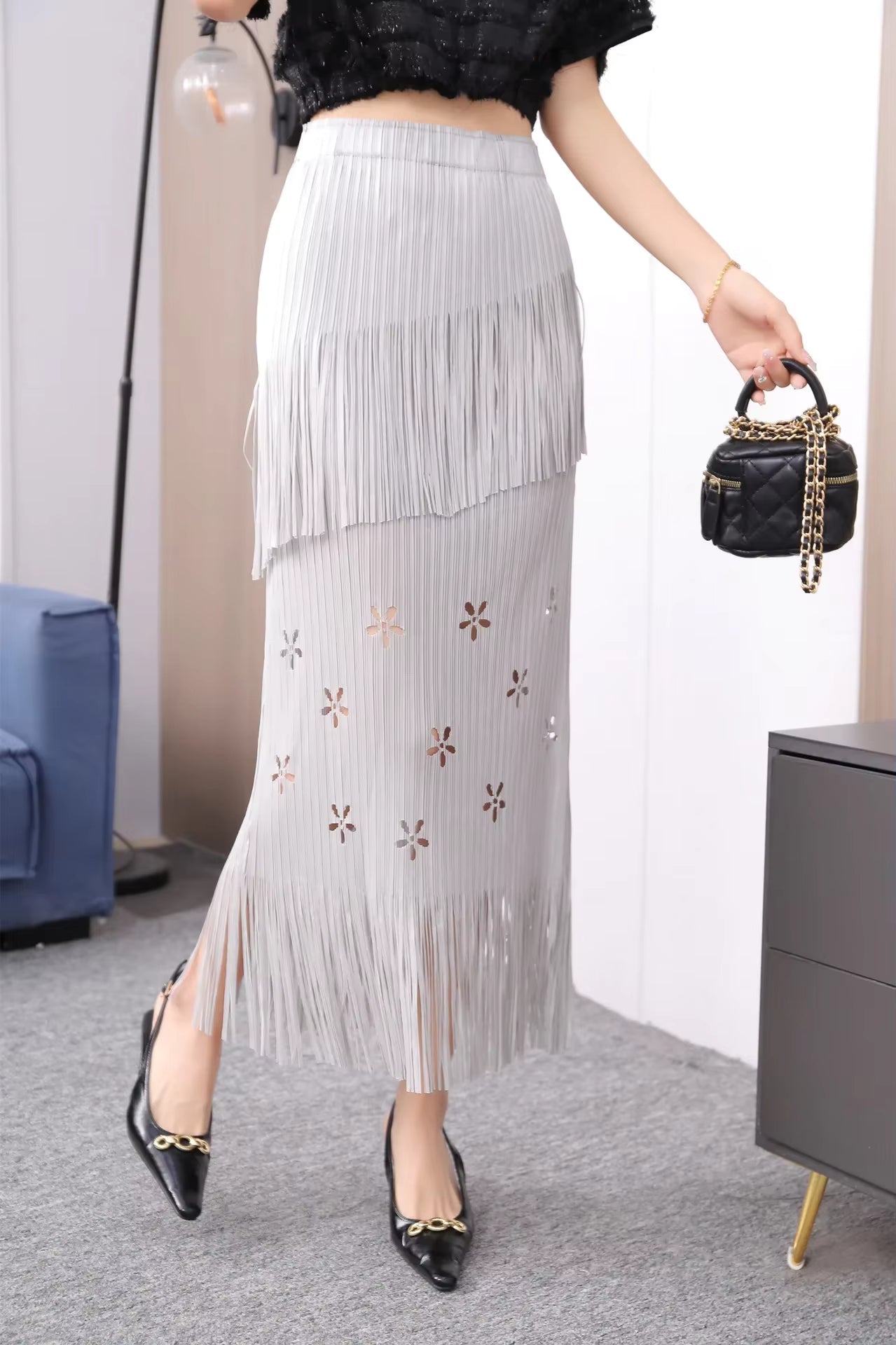 Pleats Half-Body Simple Solid Causal Series Elegant And Vintage Midi skirts Mssza