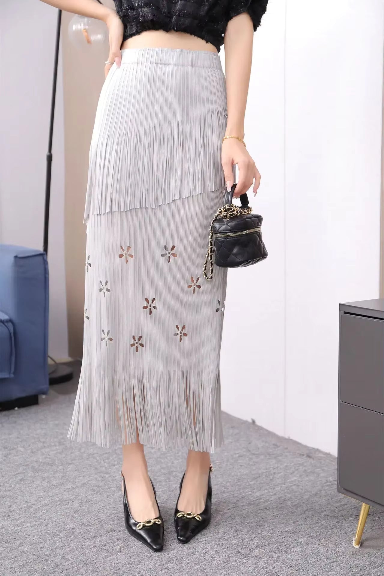 Pleats Half-Body Simple Solid Causal Series Elegant And Vintage Midi skirts Mssza