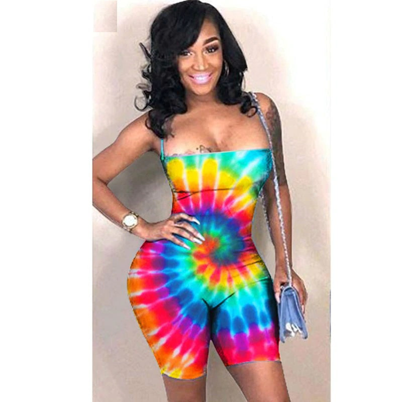 Plus Size Backless Lace Up Tie Dye Short Jumpsuit Mssza