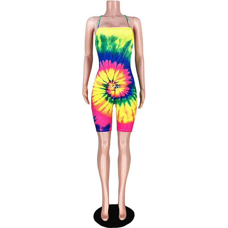 Plus Size Backless Lace Up Tie Dye Short Jumpsuit Mssza