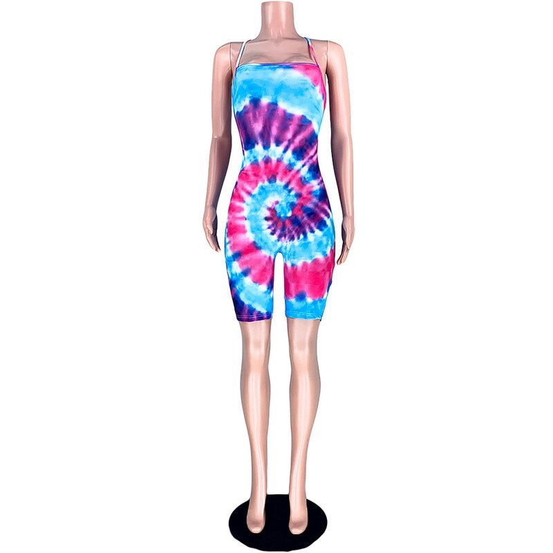Plus Size Backless Lace Up Tie Dye Short Jumpsuit Mssza
