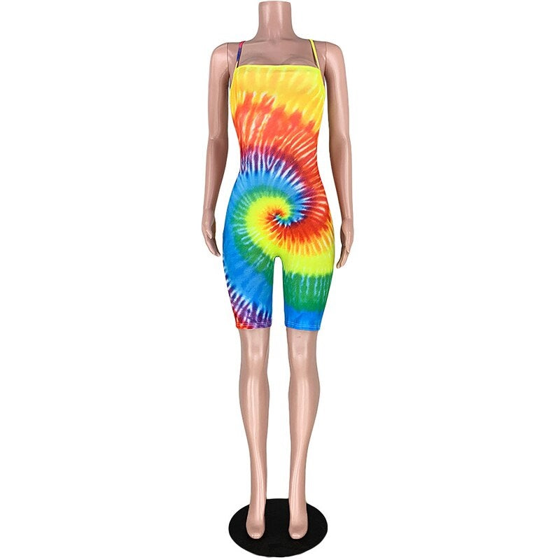 Plus Size Backless Lace Up Tie Dye Short Jumpsuit Mssza