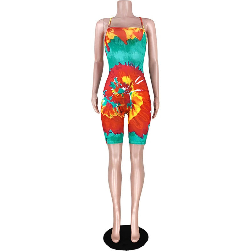 Plus Size Backless Lace Up Tie Dye Short Jumpsuit Mssza