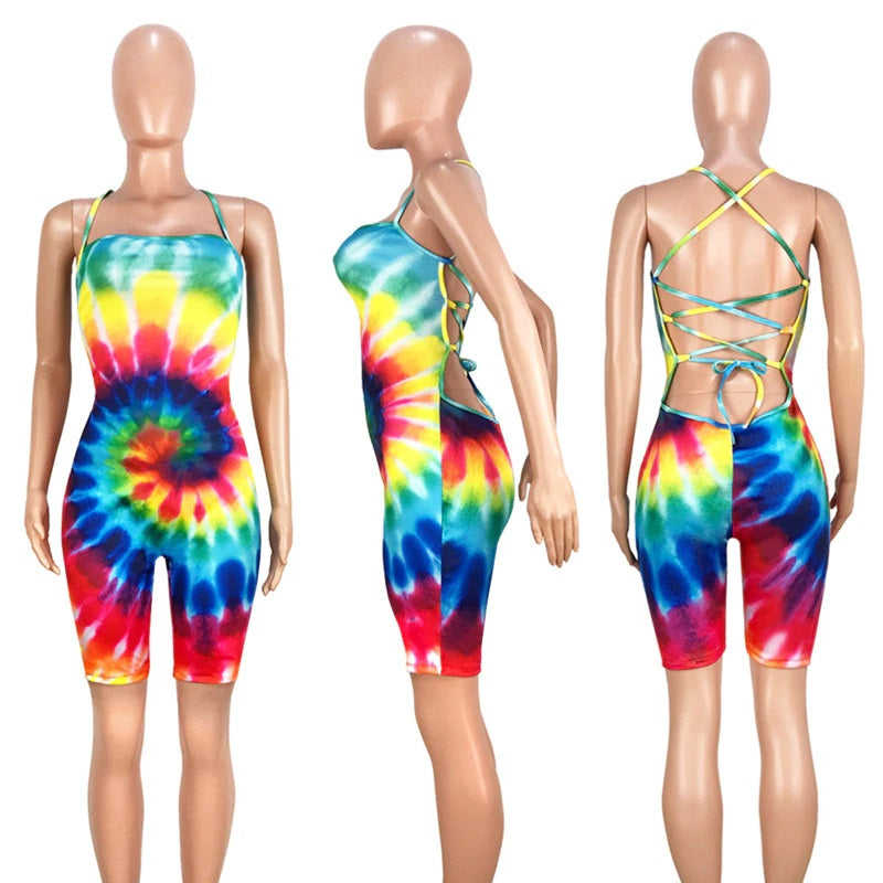 Plus Size Backless Lace Up Tie Dye Short Jumpsuit Mssza