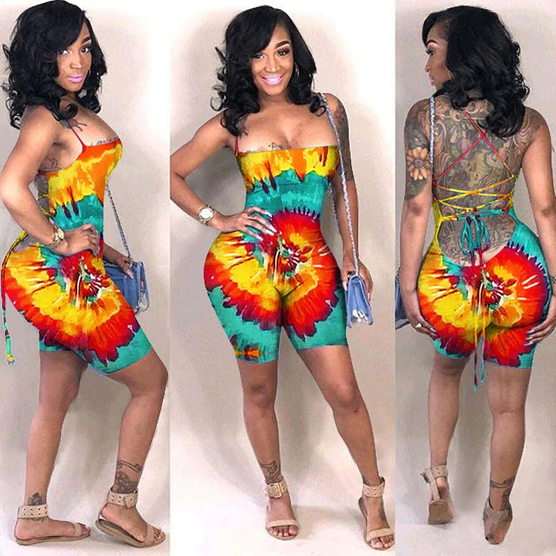 Plus Size Backless Lace Up Tie Dye Short Jumpsuit Mssza