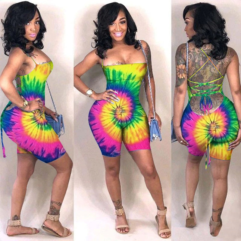 Plus Size Backless Lace Up Tie Dye Short Jumpsuit Mssza