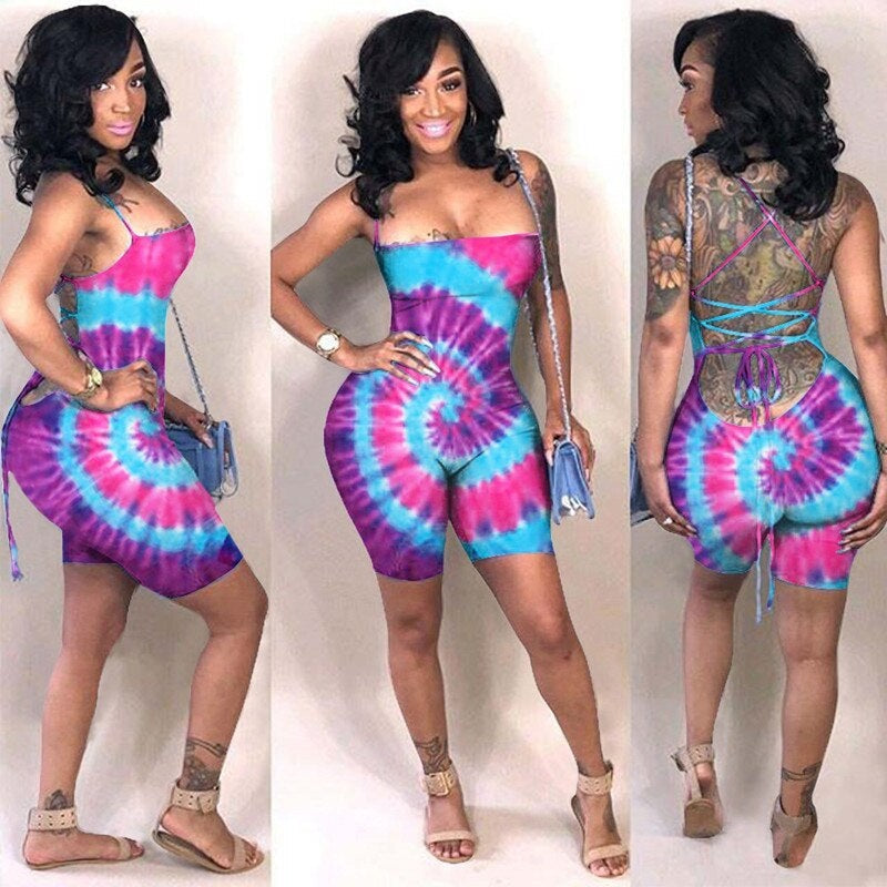 Plus Size Backless Lace Up Tie Dye Short Jumpsuit Mssza