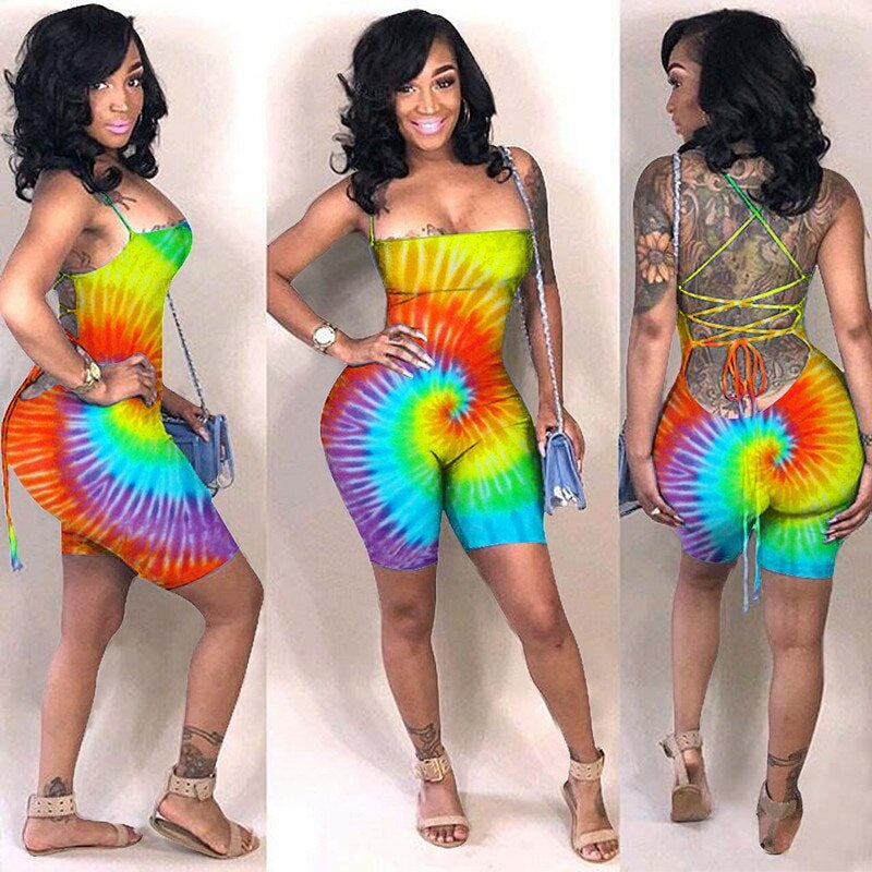 Plus Size Backless Lace Up Tie Dye Short Jumpsuit Mssza