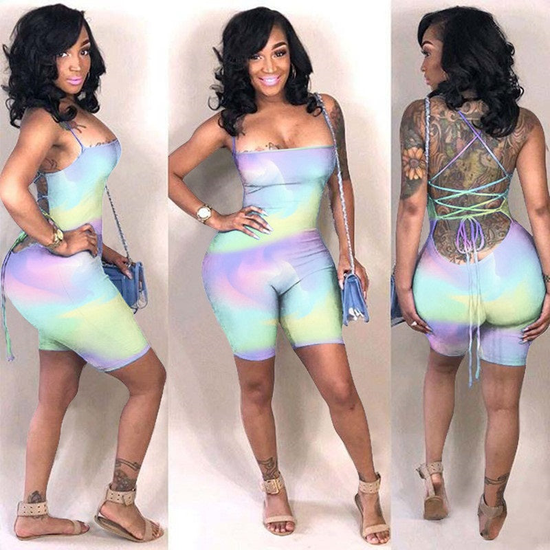 Plus Size Backless Lace Up Tie Dye Short Jumpsuit Mssza