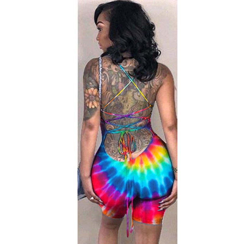 Plus Size Backless Lace Up Tie Dye Short Jumpsuit Mssza