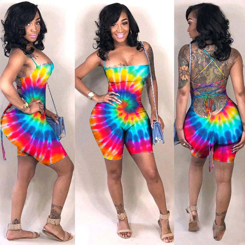 Plus Size Backless Lace Up Tie Dye Short Jumpsuit Mssza