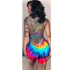 Plus Size Backless Lace Up Tie Dye Short Jumpsuit Mssza
