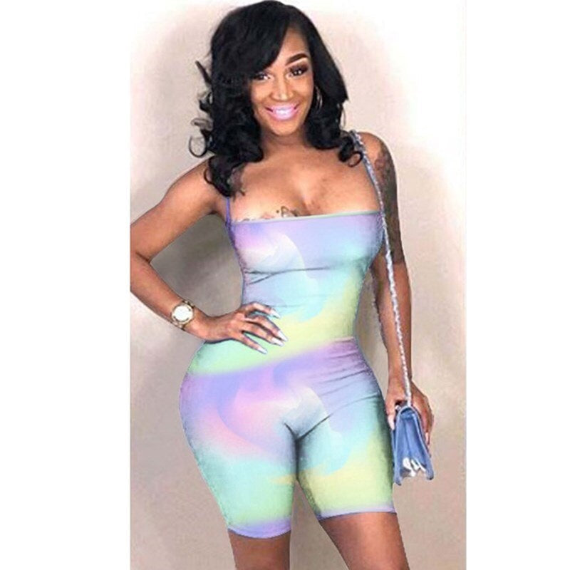 Plus Size Backless Lace Up Tie Dye Short Jumpsuit Mssza
