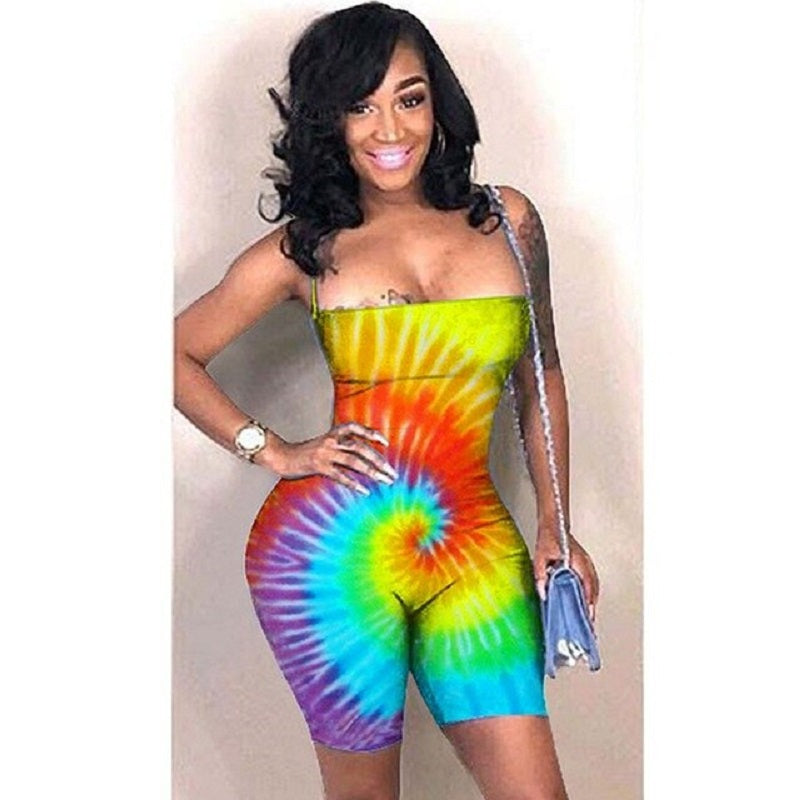 Plus Size Backless Lace Up Tie Dye Short Jumpsuit Mssza