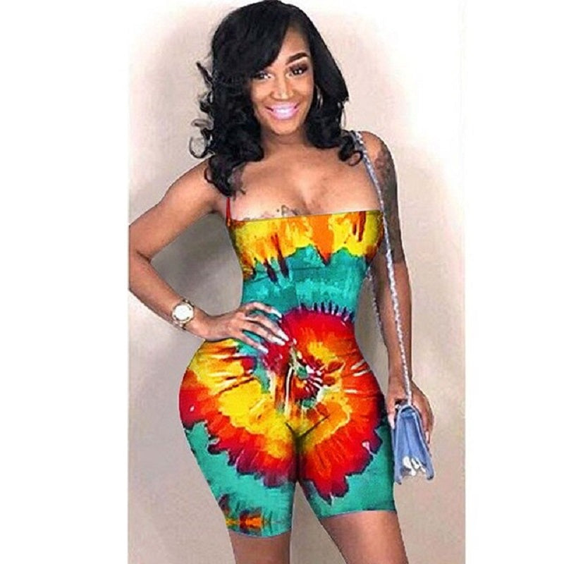 Plus Size Backless Lace Up Tie Dye Short Jumpsuit Mssza