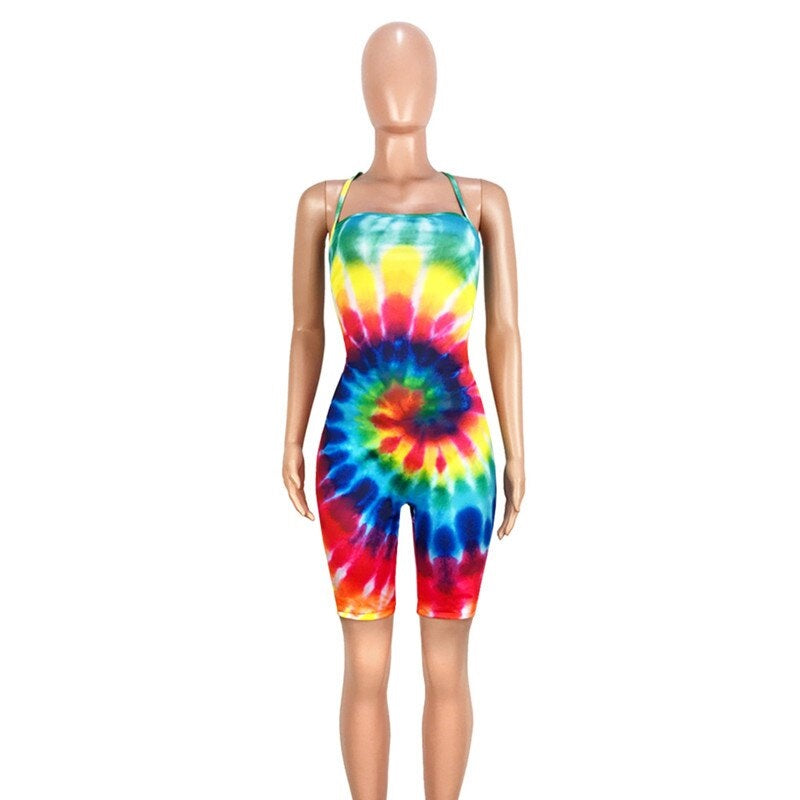 Plus Size Backless Lace Up Tie Dye Short Jumpsuit Mssza
