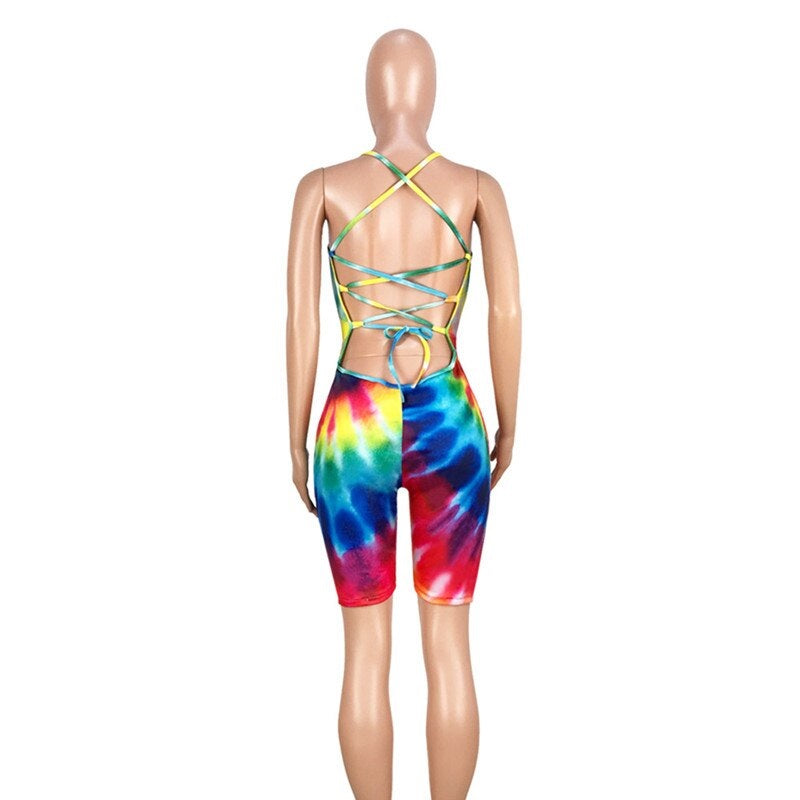 Plus Size Backless Lace Up Tie Dye Short Jumpsuit Mssza