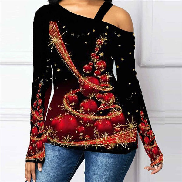 Plus Size Oblique Shoulder Christmas Tee Mssza