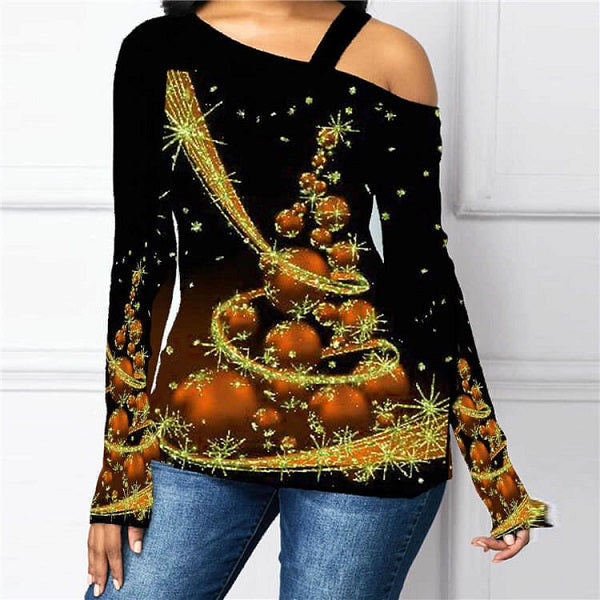 Plus Size Oblique Shoulder Christmas Tee Mssza