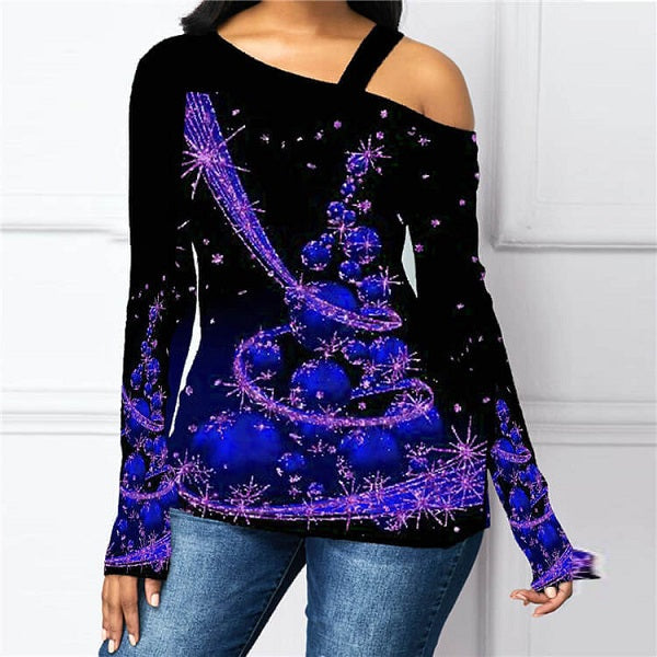 Plus Size Oblique Shoulder Christmas Tee Mssza