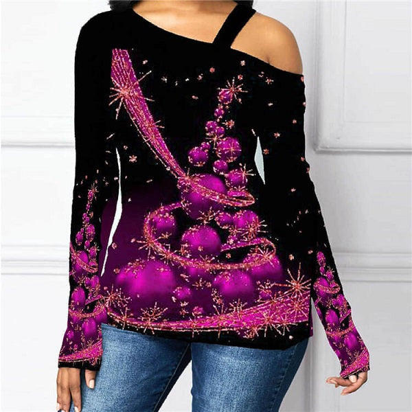 Plus Size Oblique Shoulder Christmas Tee Mssza