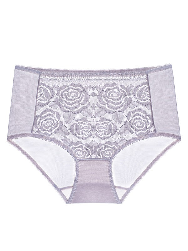 Plus Size Floral Embroidery Lace-trim Mid Waist Mesh Panties Mssza
