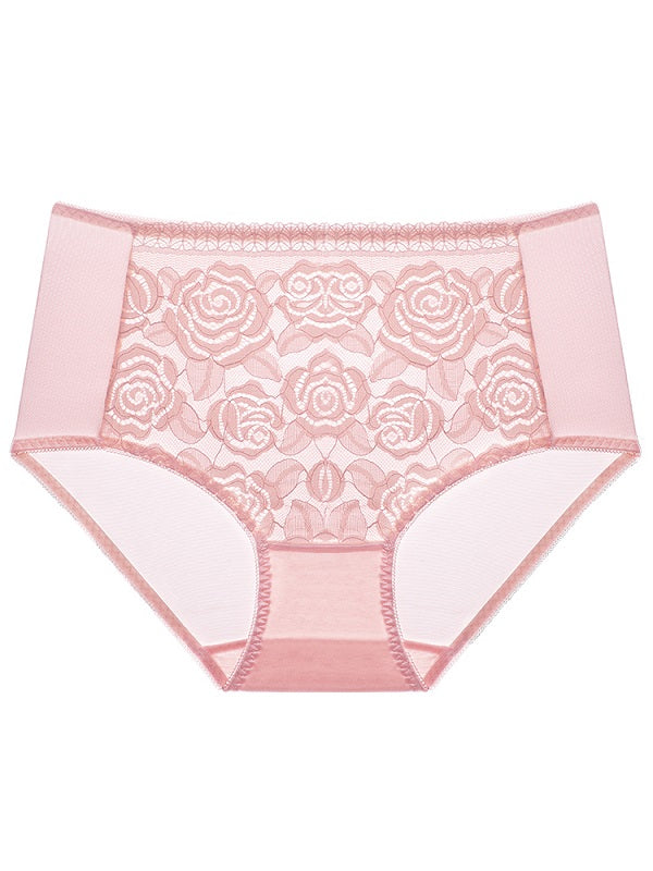 Plus Size Floral Embroidery Lace-trim Mid Waist Mesh Panties Mssza