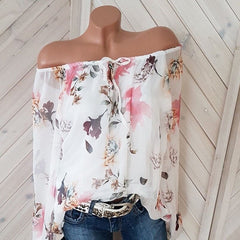 Plus Size Floral Print Casual Off Shoulder Chiffon Blouse Mssza