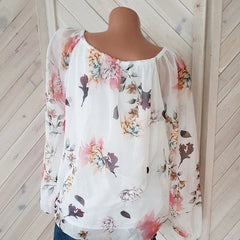 Plus Size Floral Print Casual Off Shoulder Chiffon Blouse Mssza