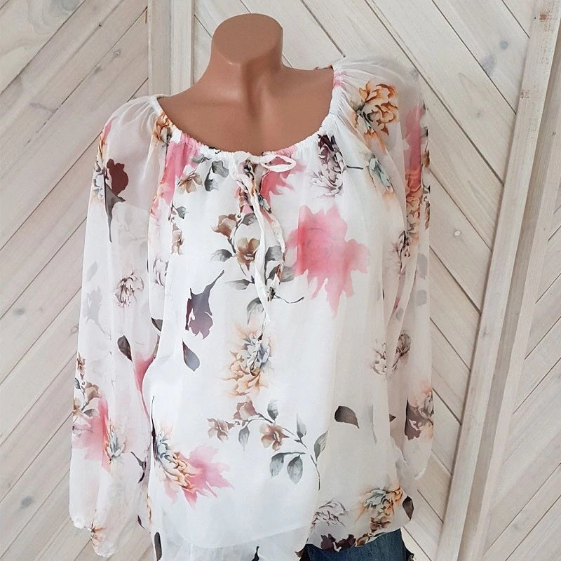 Plus Size Floral Print Casual Off Shoulder Chiffon Blouse Mssza