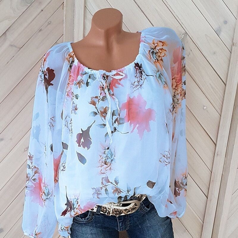 Plus Size Floral Print Casual Off Shoulder Chiffon Blouse Mssza