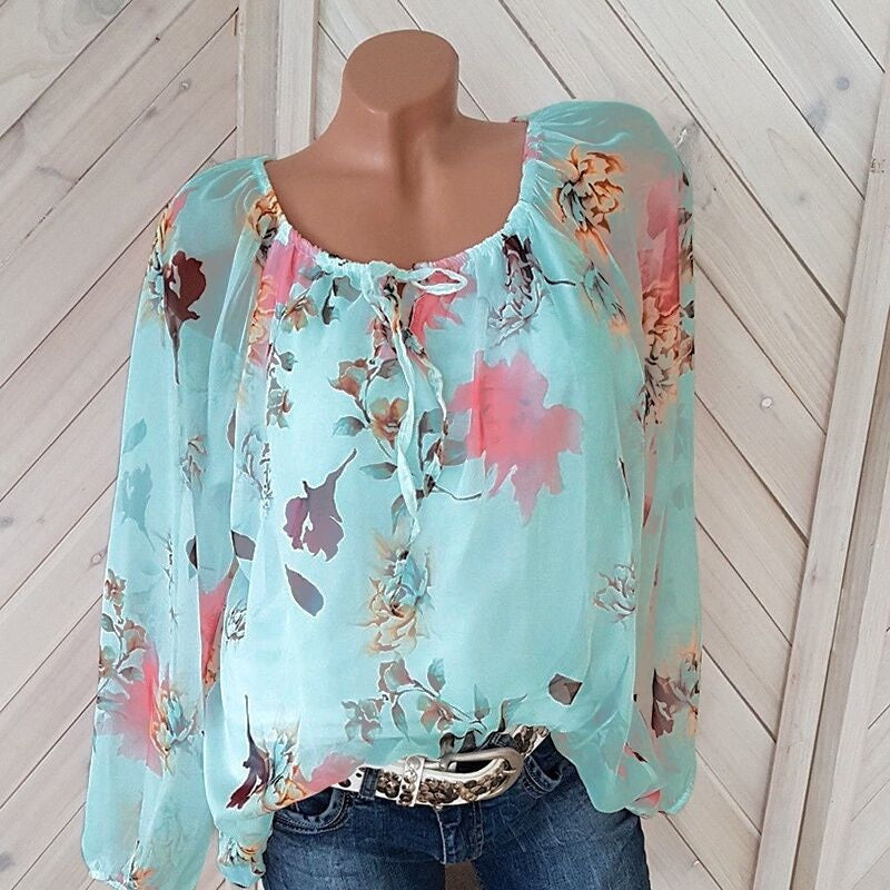 Plus Size Floral Print Casual Off Shoulder Chiffon Blouse Mssza