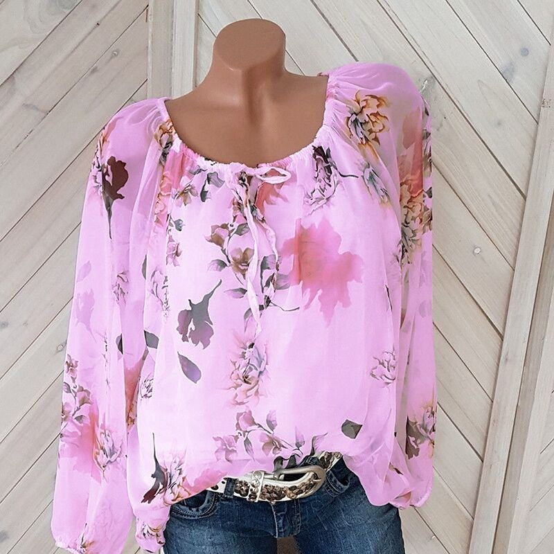 Plus Size Floral Print Casual Off Shoulder Chiffon Blouse Mssza