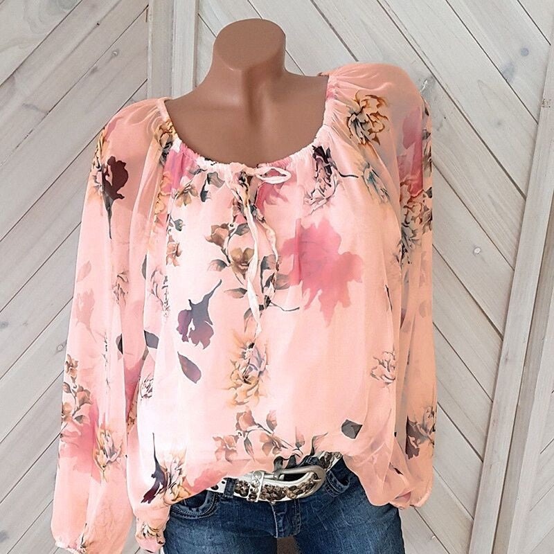 Plus Size Floral Print Casual Off Shoulder Chiffon Blouse Mssza