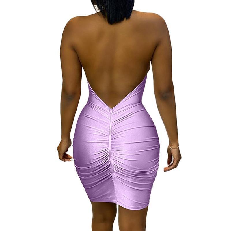 Plus Size Halter Sequined Dress Open Back Pleated Bodycon Dress Stretchy Mini Party Dresses Ruched Vestidos Mssaz Desses