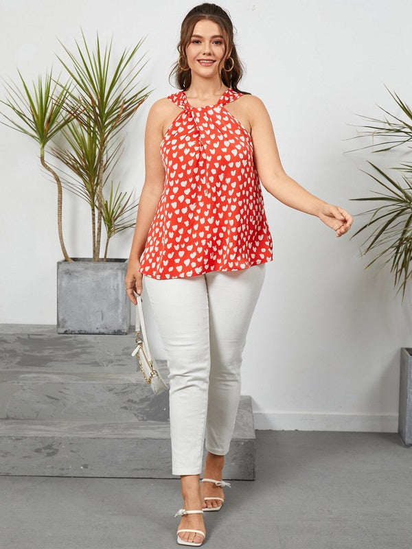 Plus Size Heart Pattern Halter Backless Tank Top Mssza