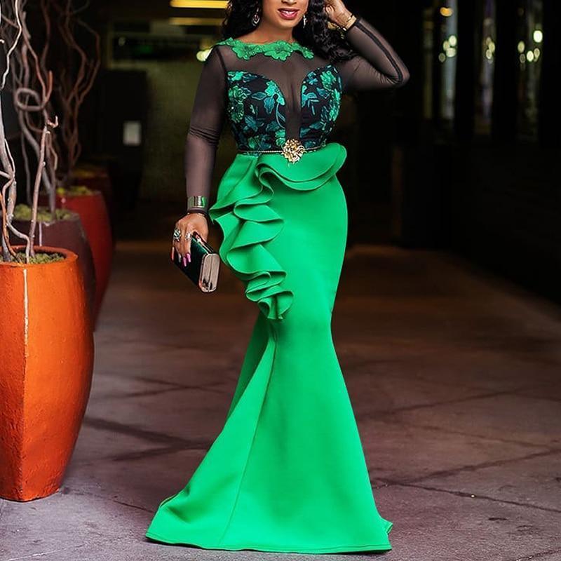 Plus Size Mesh Sheer Ruffles Long Sleeve Dress Mssaz Desses