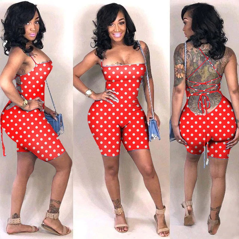 Plus Size Polka Dot Print Backless Lace Up Short Jumpsuit Mssza