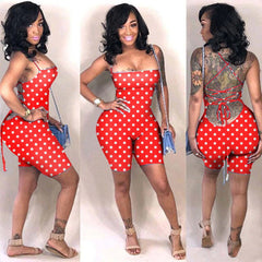 Plus Size Polka Dot Print Backless Lace Up Short Jumpsuit Mssza