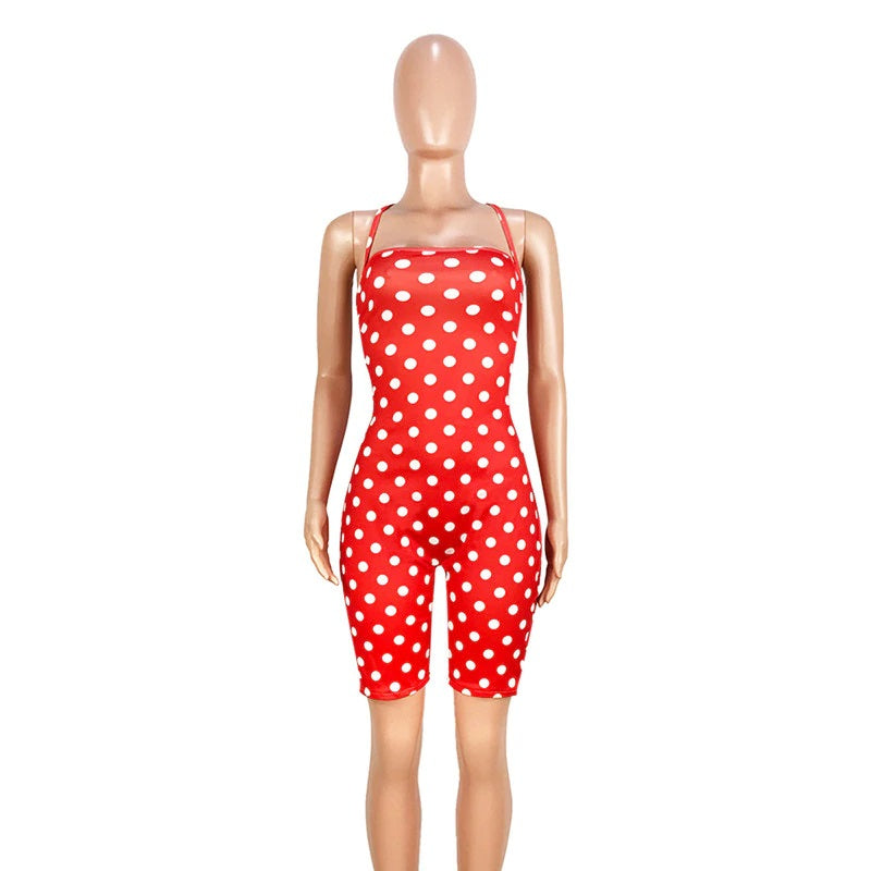 Plus Size Polka Dot Print Backless Lace Up Short Jumpsuit Mssza