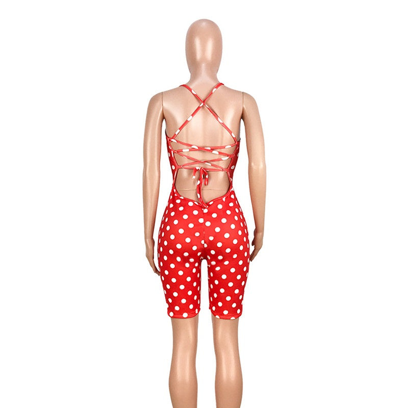 Plus Size Polka Dot Print Backless Lace Up Short Jumpsuit Mssza