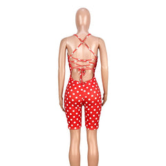 Plus Size Polka Dot Print Backless Lace Up Short Jumpsuit Mssza