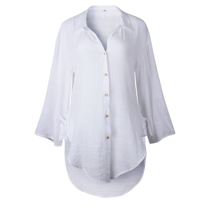 Plus Size V Neck Button Casual Long Sleeve Solid Shirts Mssza