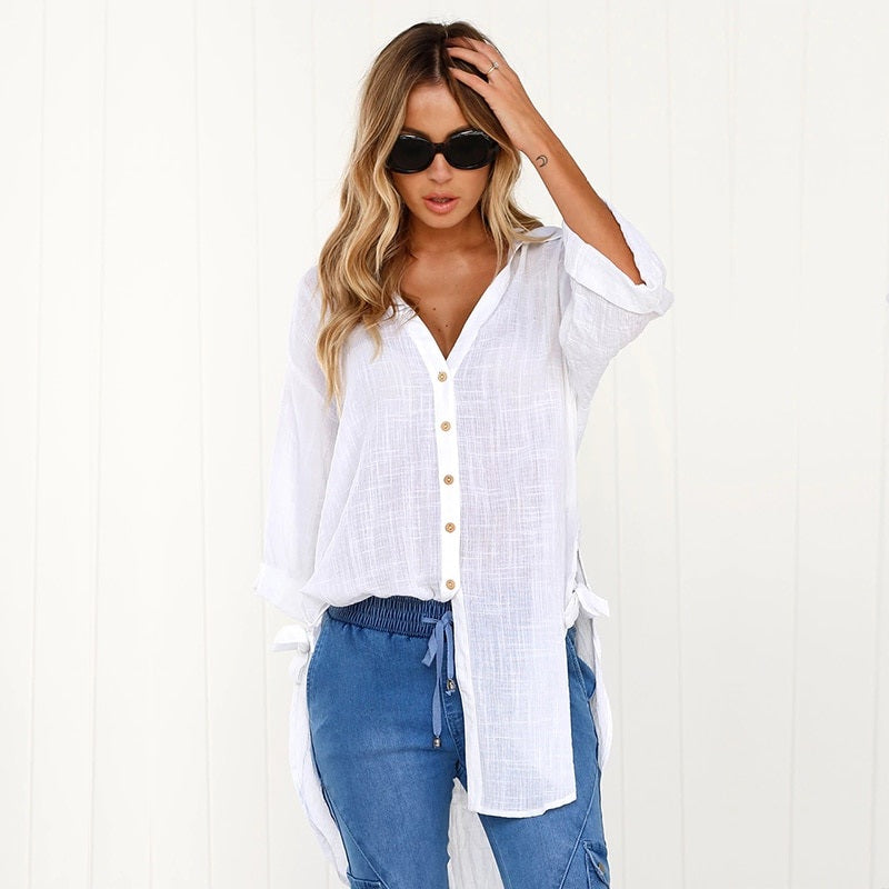 Plus Size V Neck Button Casual Long Sleeve Solid Shirts Mssza